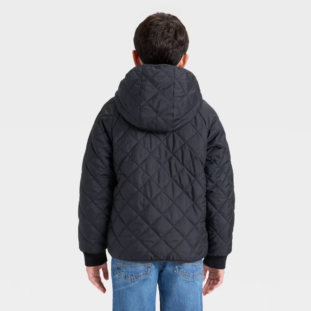 Cat & Jack Boys Black Quilted Puffer Jacket Faux Fur Lined Hooded XS 4/5
